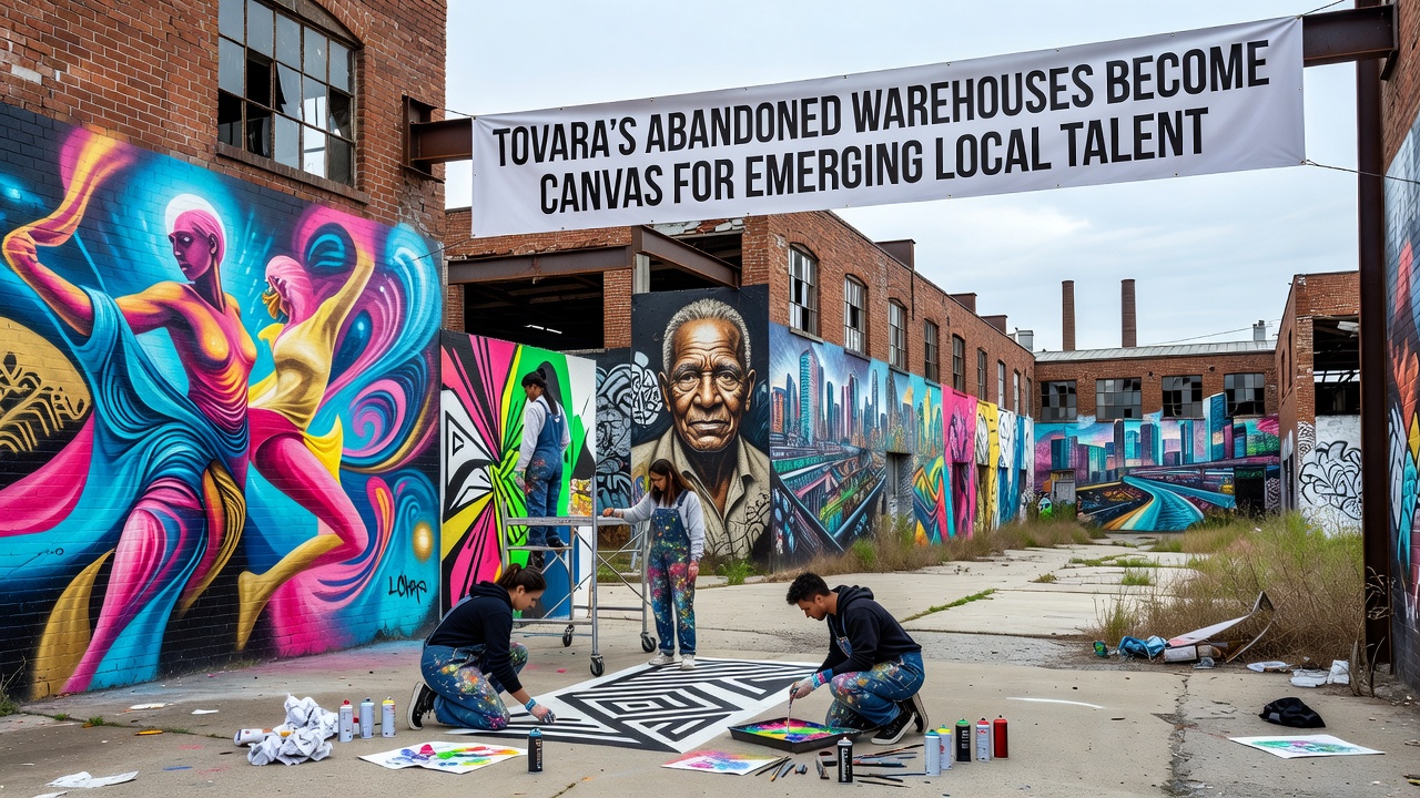 Interior view of a Tovara warehouse showing large-scale murals and artists at work during a preparatory phase